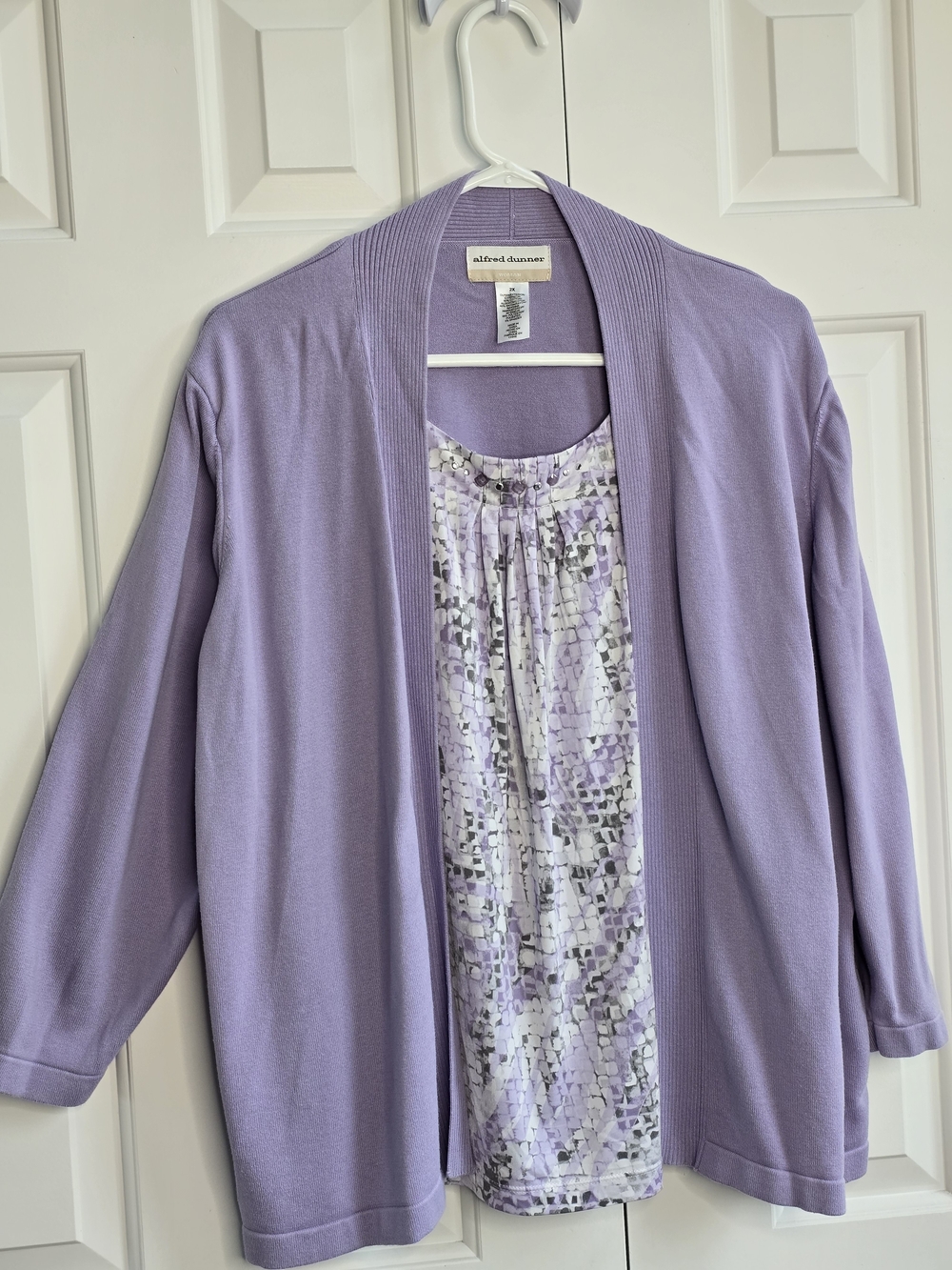 Alfred Dunner Lavender Open Cardigan with Printed Shell